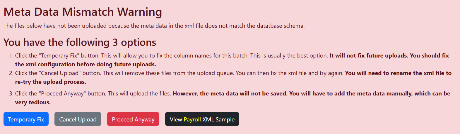 Screenshot of XML mismatch options